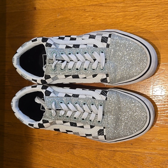 Vans Checkerboard Silver Glitter Old Skool Skate Shoes - Picture 3 of 9